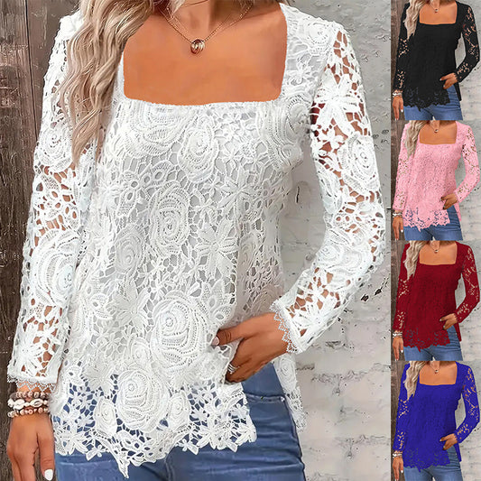 Fashion Long Sleeve Square Neck Tops Women Solid Color Floral Lace Shirt