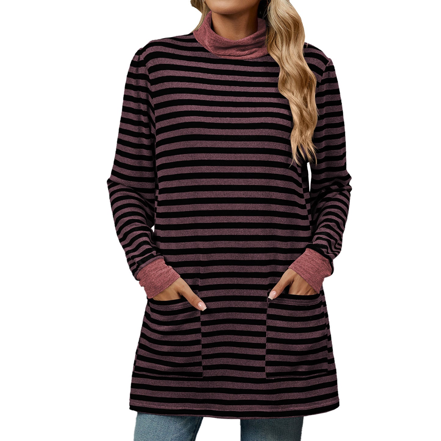 Fashion Striped Print Long Sweatshirt With Pocket Loose Long Sleeve Pullover T-shirt Top For Womens Clothing