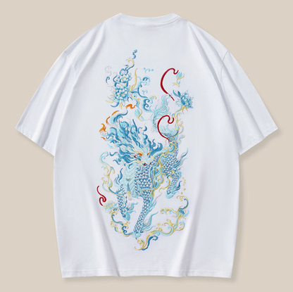 Summer New Heavy Industry Kirin Embroidery Cotton Short Sleeve T shirt Men Loose Large China Chic Chinese Style Men