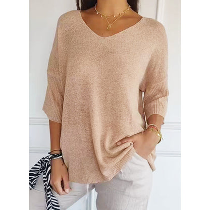 Solid Long Sleeve Sweater Slimming V-neckline Knitwear Women's Bottoming Shirt