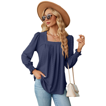 New Jacquard Pleated Square Neck T-shirt Fashion Solid Color Long Sleeve Pullover Tops Womens Clothing