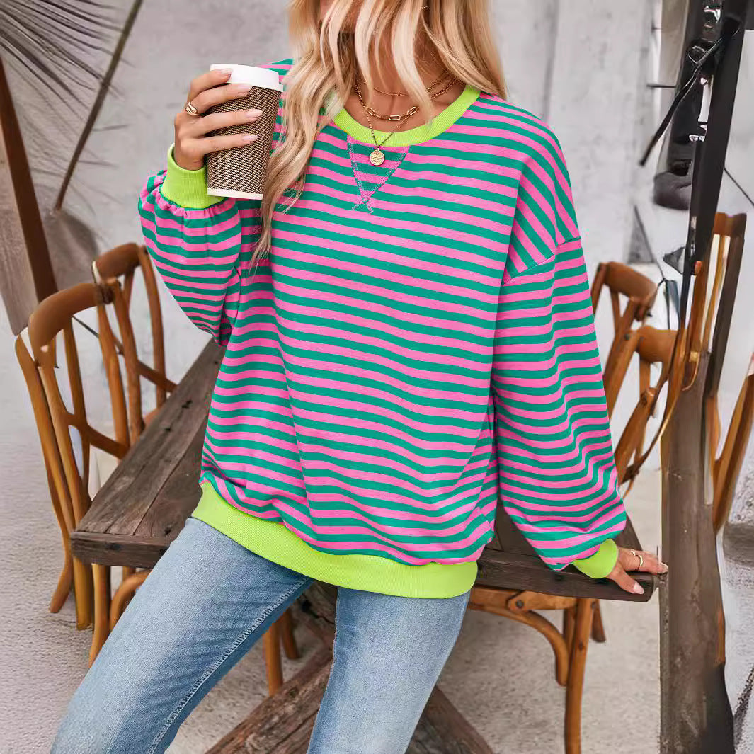 Loose Striped Long Sleeve T-shirt Casual Pullover Sweater For Womens Clothing