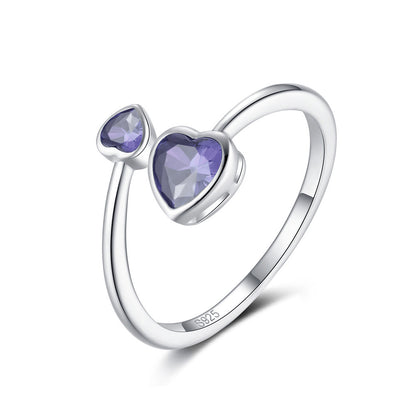 S925 Sterling Silver Ring Double-headed Cute Loving Heart Zircon Twelve-color Adjustable