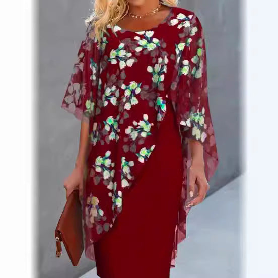 Printed Chiffon Fashion Dark Blue Wine Red Army Green Dress