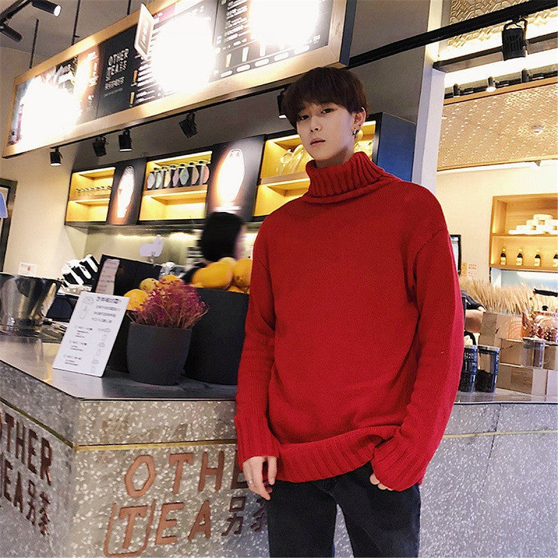 Mock Neck Sweater Male Shirt Teenagers Slim-fit Solid Color Knitwear Winter Warm