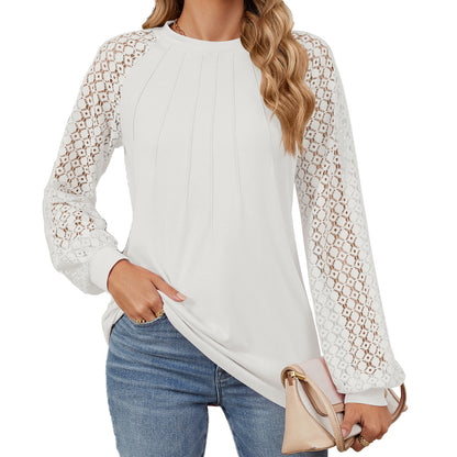 New Lace Long Sleeve Round Neck T-shirt Fashion Loose Solid Color Pullover Top For Womens Clothing