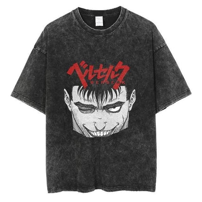 Anime print street retro t-shirt street trendy round neck short sleeved t-shirt for men