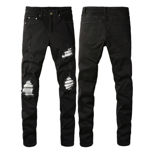 European And American Men's Slim-fit Ripped Silver Patch Jeans