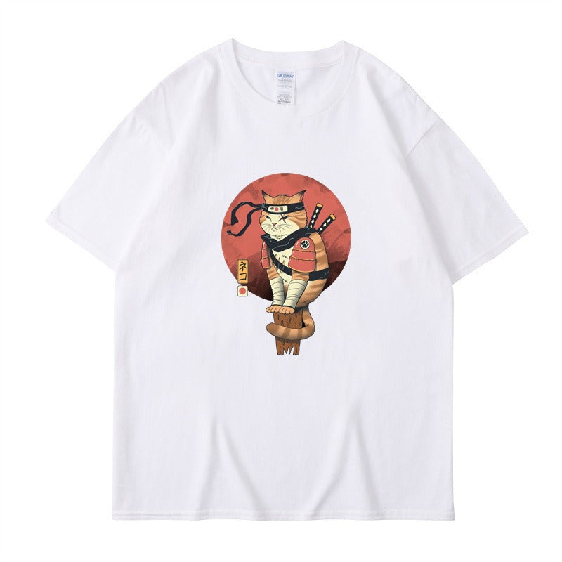 Cute ninja cat print T-shirt for men and women, cool summer short sleeved round neck T-shirt