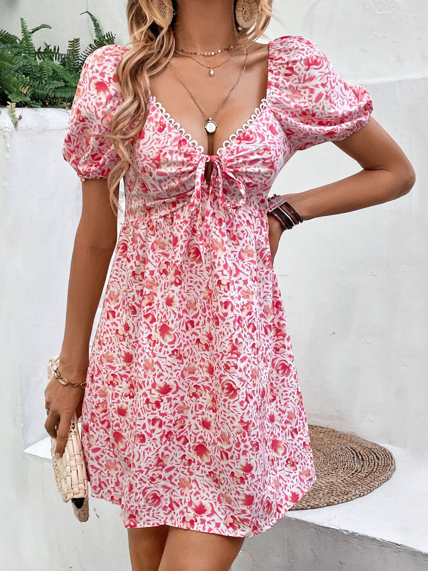 Sweet And Spicy Style Women's Bubble Sleeve Floral Stitching Dress