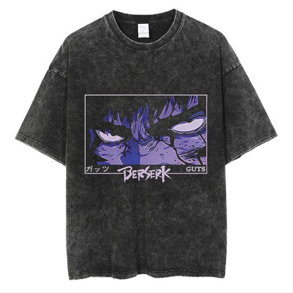 Anime cartoon wash distressed men short sleeved t-shirt high street dark man