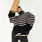 Fashion Striped Turtleneck Sweater Casual Loose Slit Design Sweater Winter Tops Womens Clothing