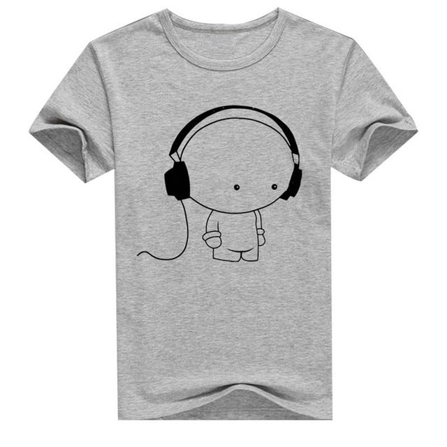 Men Short Sleeve T-Shirt Headphone Man Cartoon Pattern Print T-Shirt Fashion Casual Round Neck Slim Fit Top Male