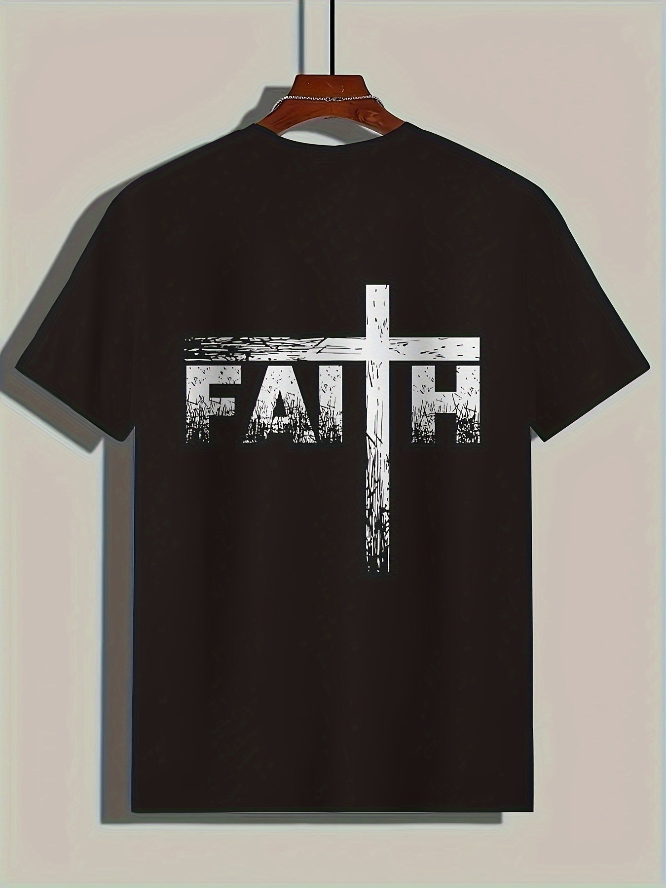 Men's Faith Pattern Printed T-shirt, Short Sleeved Round Neck T-shirt, Summer Outdoor Men's Clothing