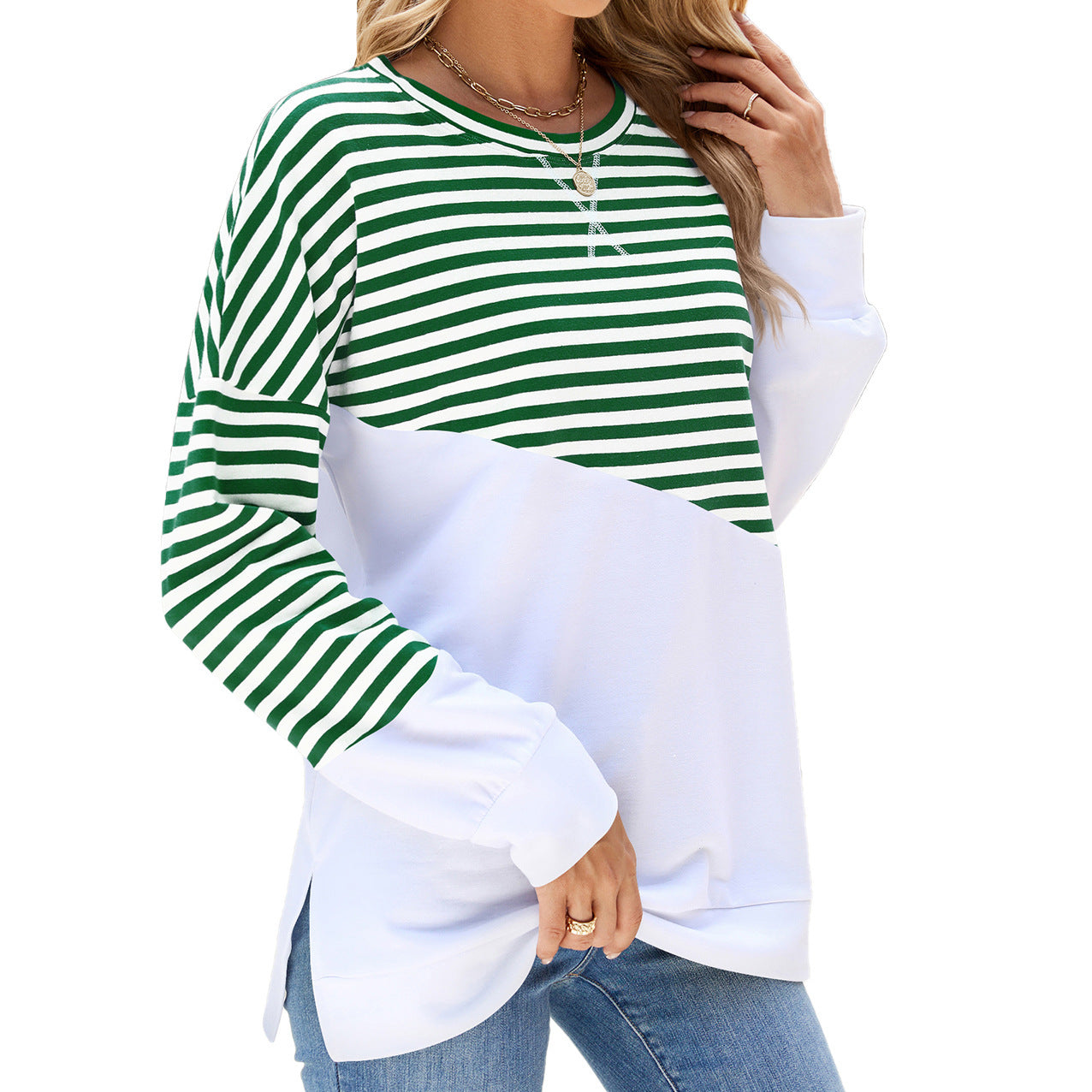 Striped Printed Long Sleeve T Shirt Fashion Casual Round Neck Pullover Split Design Women's Clothing