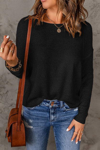 Casual Solid Round Neck Pullover Sweater Fashion Loose Long Sleeve Top Womens Clothing