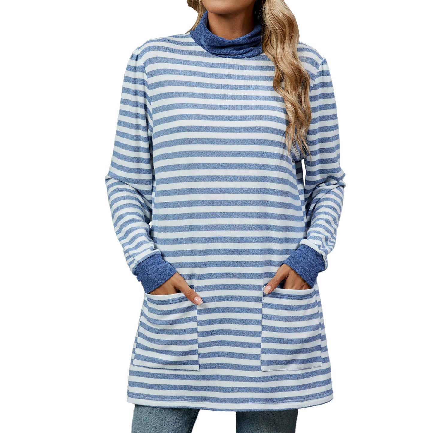 Fashion Striped Print Long Sweatshirt With Pocket Loose Long Sleeve Pullover T-shirt Top For Womens Clothing