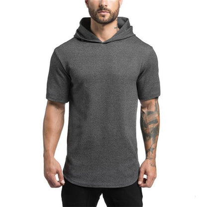 Mens Bodybuilding Hoodies Men Gyms Hooded Short Sleeve Fitness Clothing Muscle T Shirt Slim Solid Cotton Pullover Sweatshirt