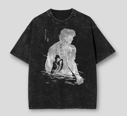 Anime cartoon wash distressed men short sleeved t-shirt high street dark man