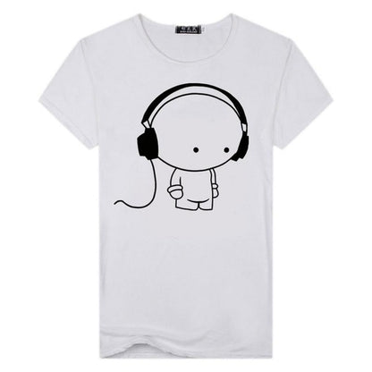 Men Short Sleeve T-Shirt Headphone Man Cartoon Pattern Print T-Shirt Fashion Casual Round Neck Slim Fit Top Male