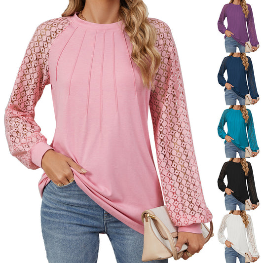 New Lace Long Sleeve Round Neck T-shirt Fashion Loose Solid Color Pullover Top For Womens Clothing