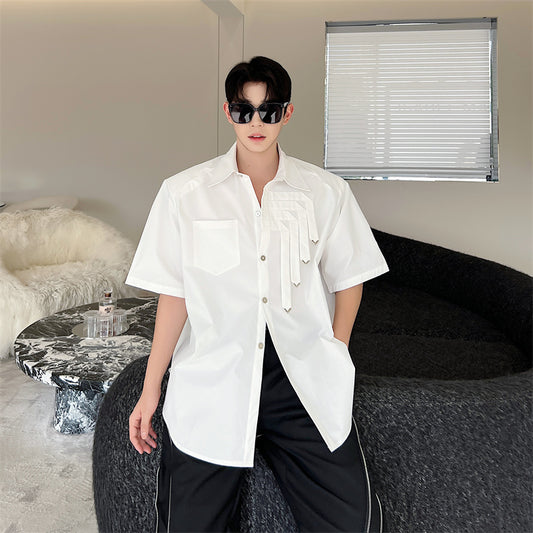 Summer Niche Metal Design Padded Shoulder White Shirt