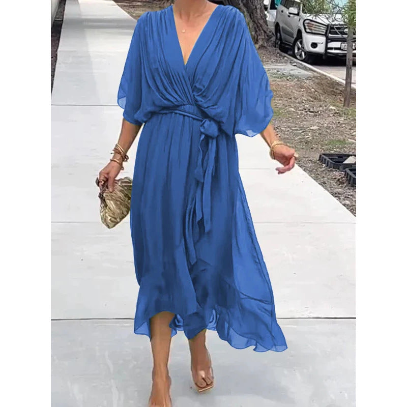 Batwing Sleeve V-neck Dress Summer Pure Color Tied Irregular Long Dresses Womens Clothing