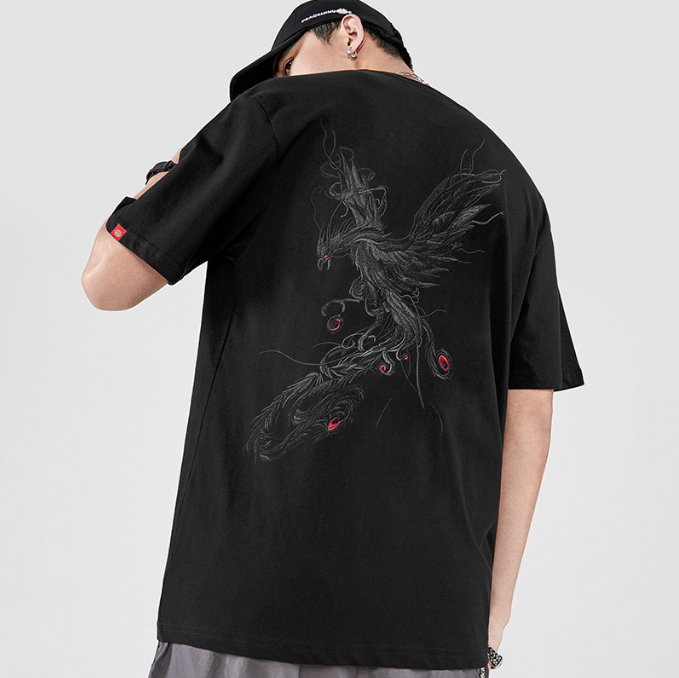 Spring and summer new pure cotton trend loose short sleeved T shirt men China Chinese style men Phoenix embroidery hal