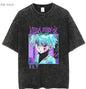 Anime cartoon wash distressed men short sleeved t-shirt high street dark man