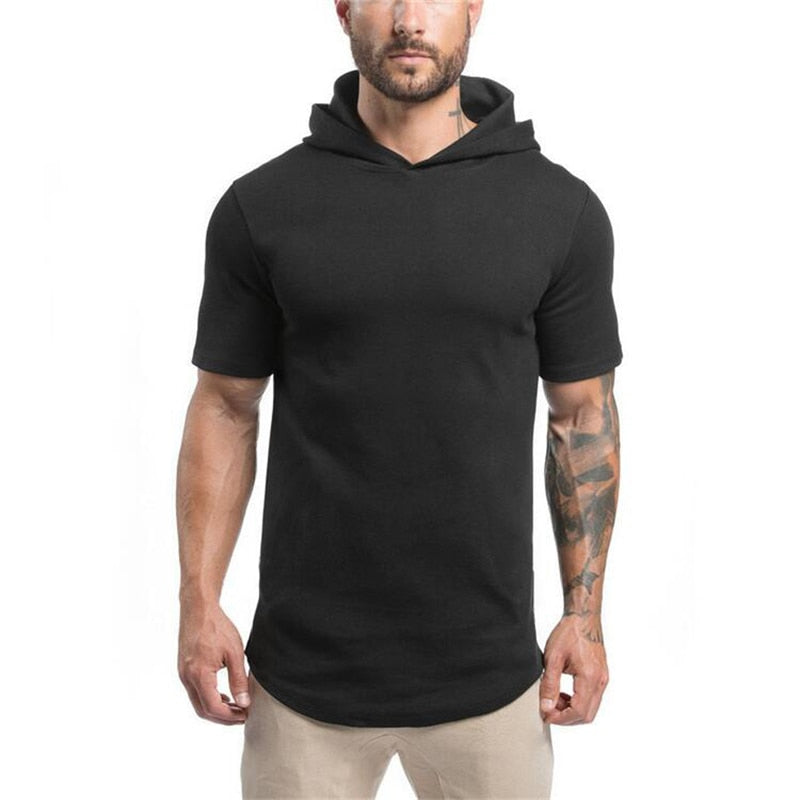 Mens Bodybuilding Hoodies Men Gyms Hooded Short Sleeve Fitness Clothing Muscle T Shirt Slim Solid Cotton Pullover Sweatshirt