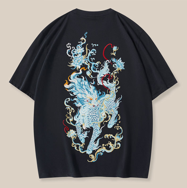 Summer New Heavy Industry Kirin Embroidery Cotton Short Sleeve T shirt Men Loose Large China Chic Chinese Style Men