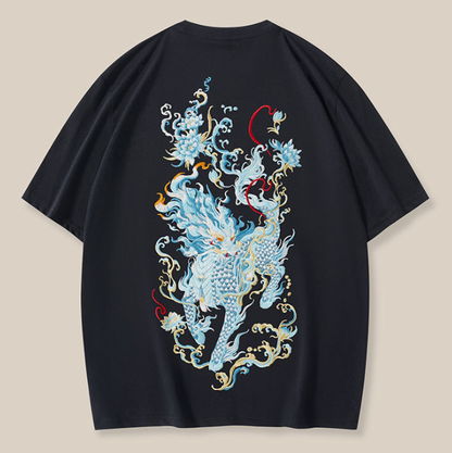 Summer New Heavy Industry Kirin Embroidery Cotton Short Sleeve T shirt Men Loose Large China Chic Chinese Style Men