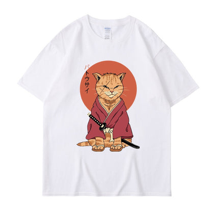 Cute ninja cat print T-shirt for men and women, cool summer short sleeved round neck T-shirt