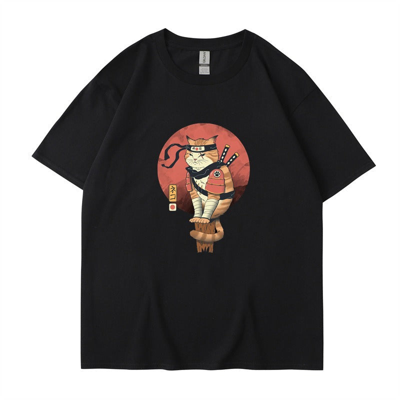 Cute ninja cat print T-shirt for men and women, cool summer short sleeved round neck T-shirt