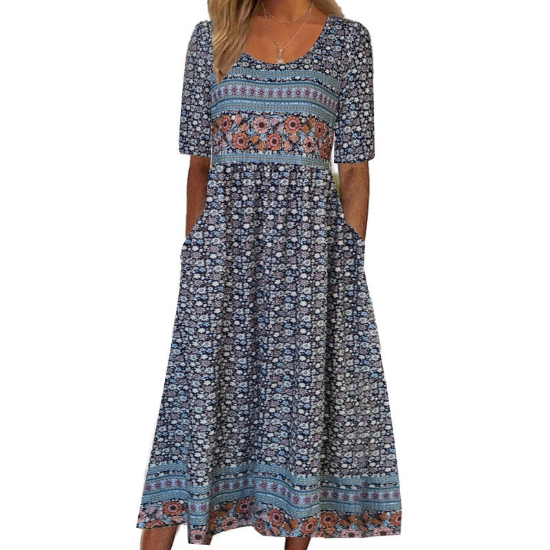 Women's Round Neck Short Sleeve Maxi Dress Bohemian Print Dress