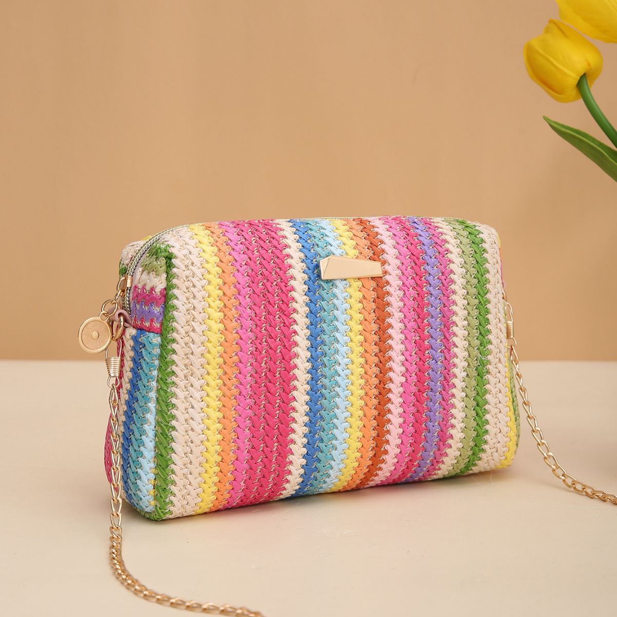 Rainbow Straw Bag Woven Camera Bag All-match Girls Crossbody Bag