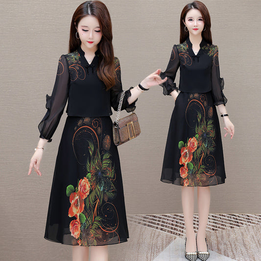 Printed Fake Two Pieces Dress Korean Style Western Style Slim Fit