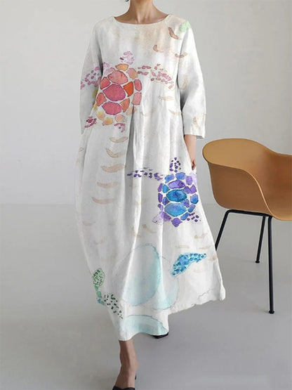 Women's 3D Cotton And Linen Half Sleeve Dress