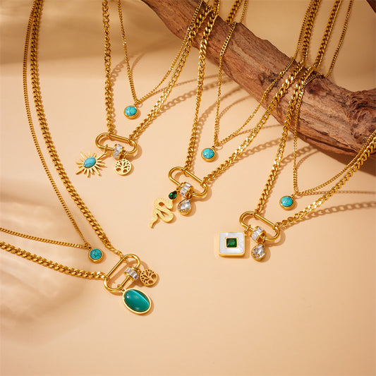 Double-layer Stainless Steel Gold-plated Chain Turquoise