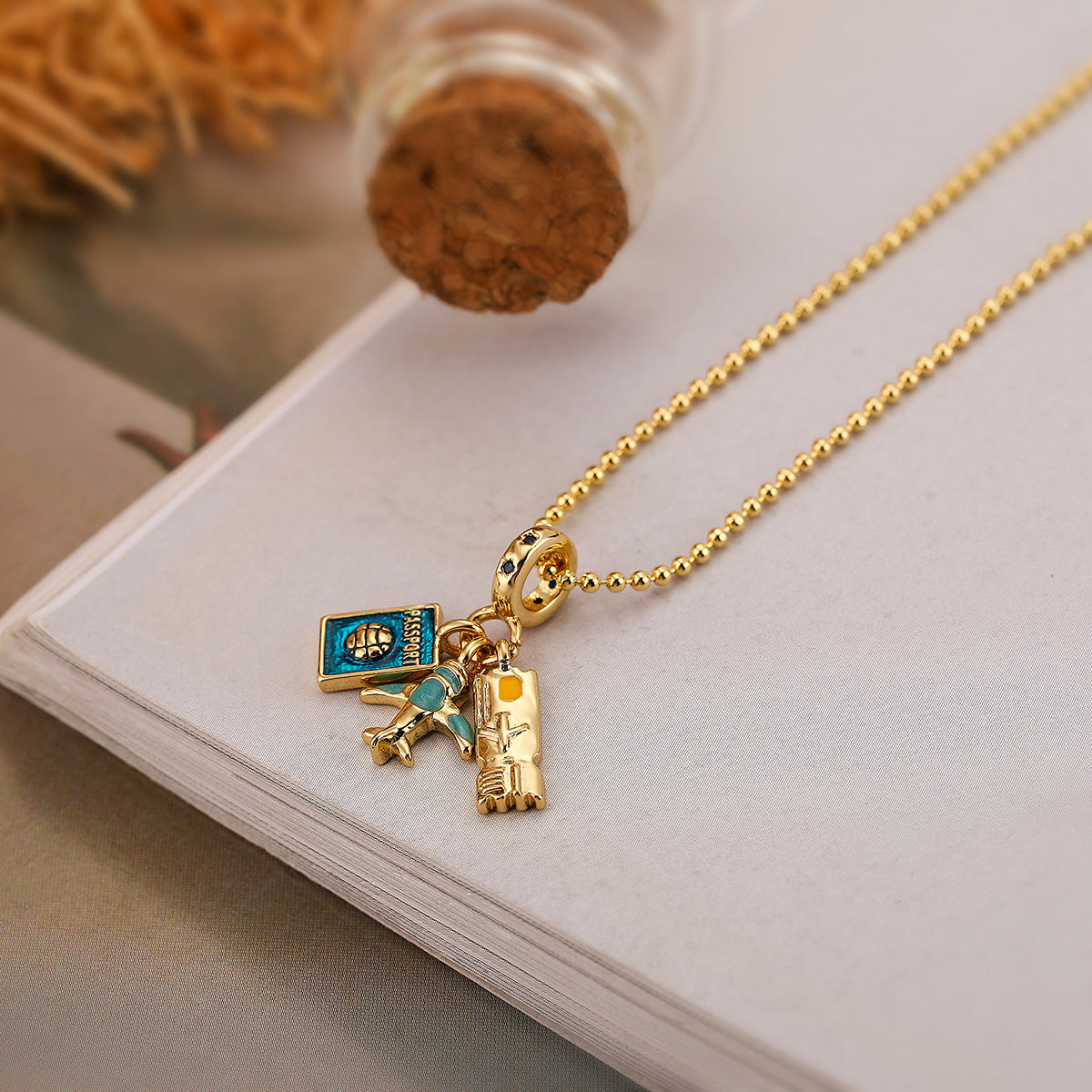 Creative Copper Gold Plated Zircon Camera Passport Pendant Necklace