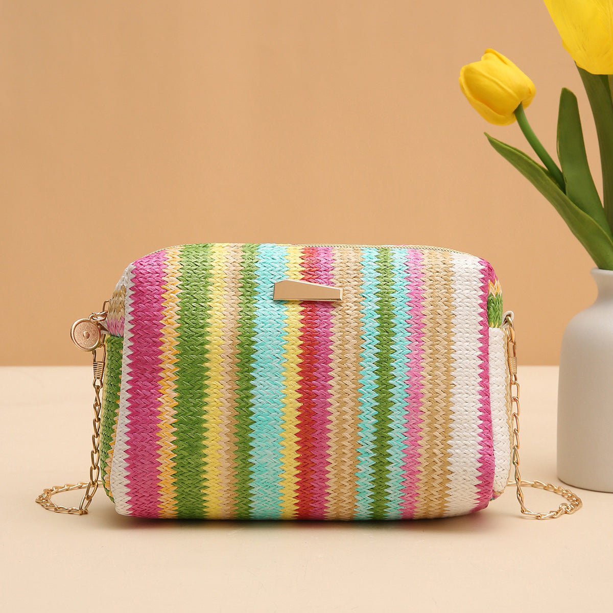 Rainbow Straw Bag Woven Camera Bag All-match Girls Crossbody Bag