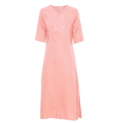 Washed Linen Embroidery Mid-sleeve Long Dress