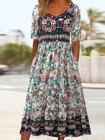 Women's Round Neck Short Sleeve Maxi Dress Bohemian Print Dress