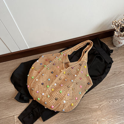 Knitted Tote Portable Women's Japanese Style Handmade Woven Bag Hollowed Leisure