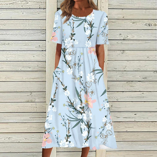 Casual Floral Round Neck Mid-length Short Sleeve Women's Dress