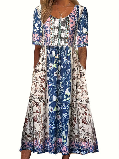 Women's Round Neck Short Sleeve Maxi Dress Bohemian Print Dress