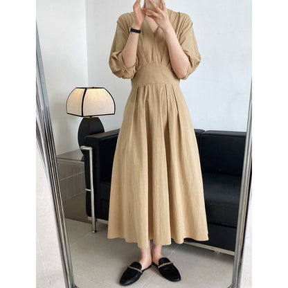 French Style Temperament Collar Waist-tight Slimming Slim Fit Long Dress For Vacation