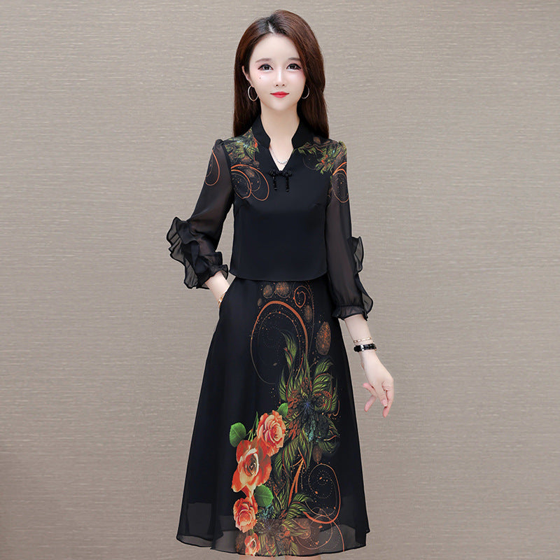 Printed Fake Two Pieces Dress Korean Style Western Style Slim Fit