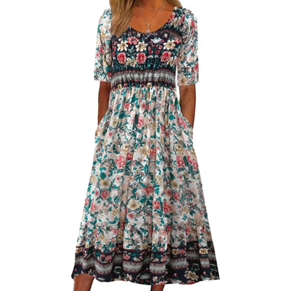 Women's Round Neck Short Sleeve Maxi Dress Bohemian Print Dress