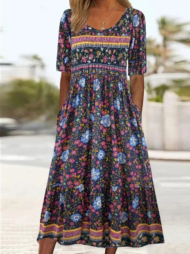 Women's Round Neck Short Sleeve Maxi Dress Bohemian Print Dress